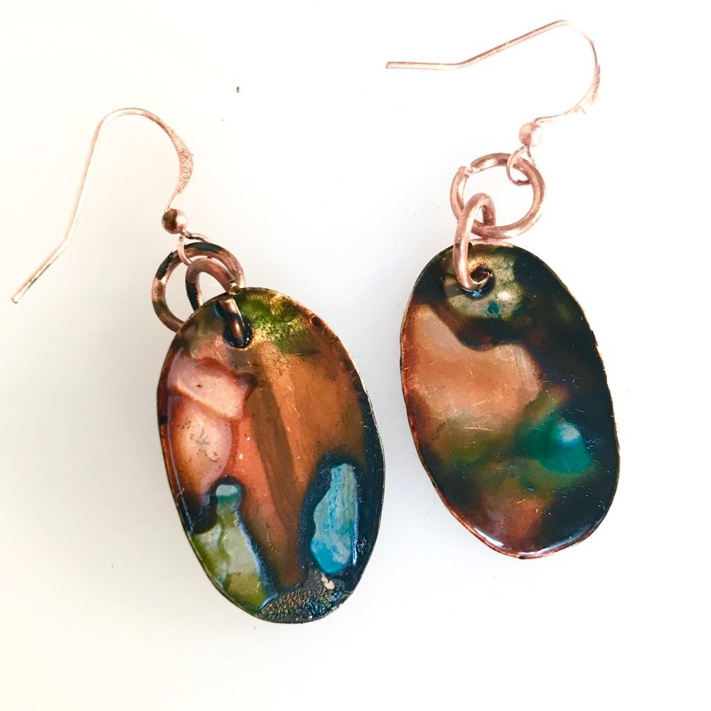 Modernist Geometric Abstract Green Blue Red Orange Solid Copper Earrings Drop - Picture 10 of 10